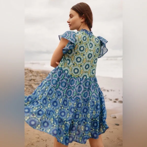 Anthropologie Blue and Green Floral Midi Dress size small - Picture 2 of 6